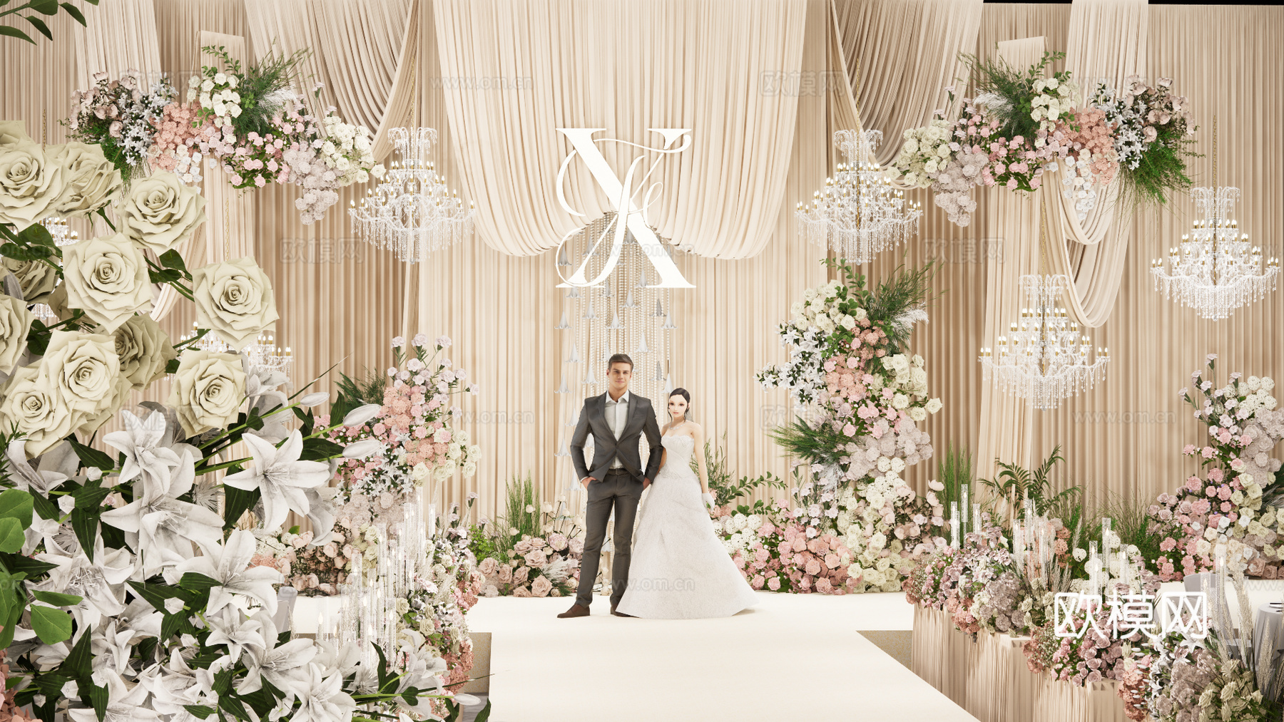 香槟粉布幔造型婚礼美陈花艺su模型