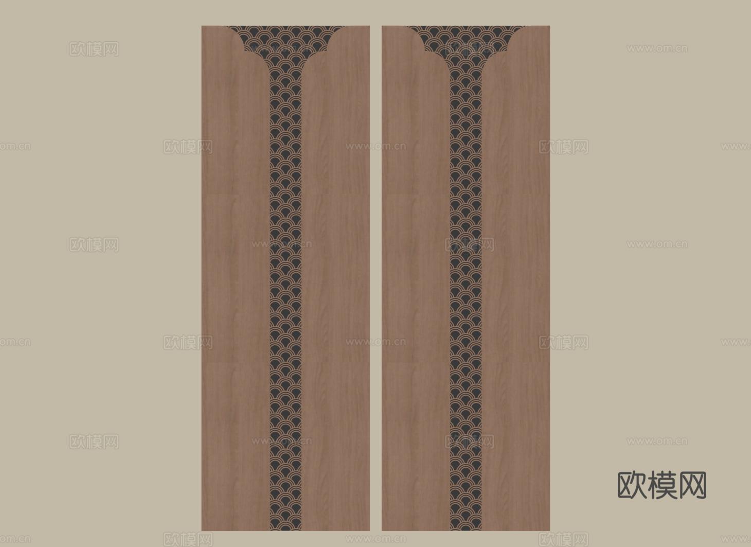 新中式护墙板 实木墙饰板 墙板背景墙 镂空雕花墙板 花格su模型