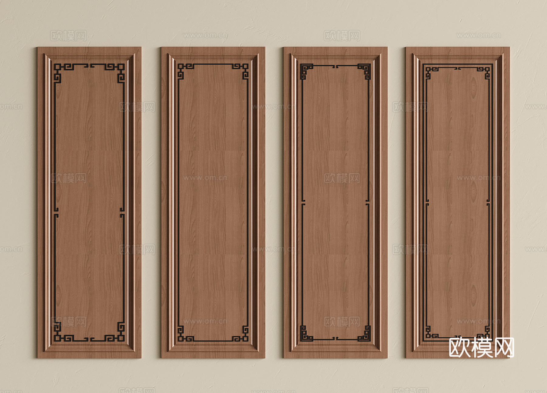 新中式护墙板 实木墙饰板 背景墙su模型