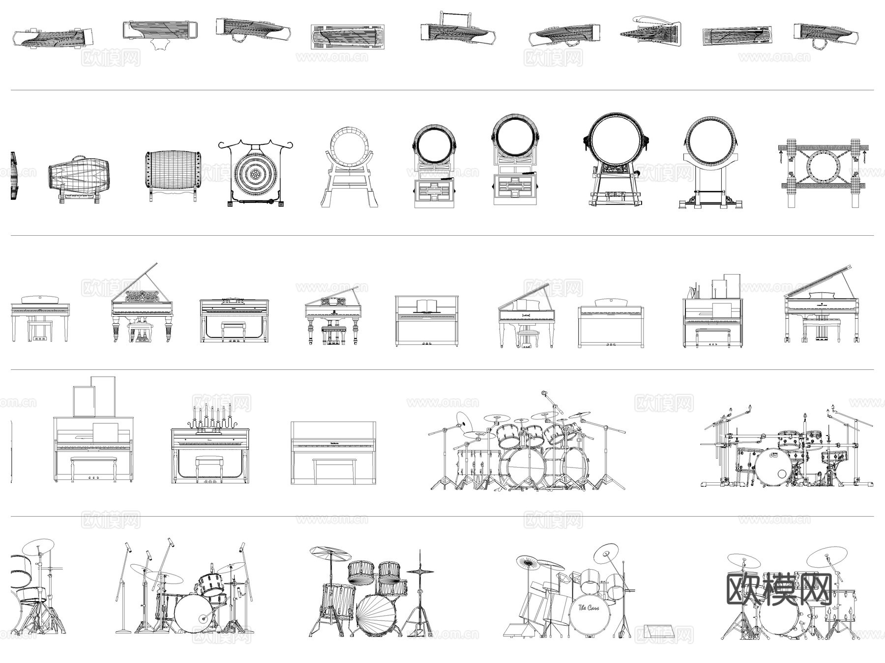 乐器 钢琴 吉他 古筝 架子鼓 琵琶cad施工图下载（渲染图4）