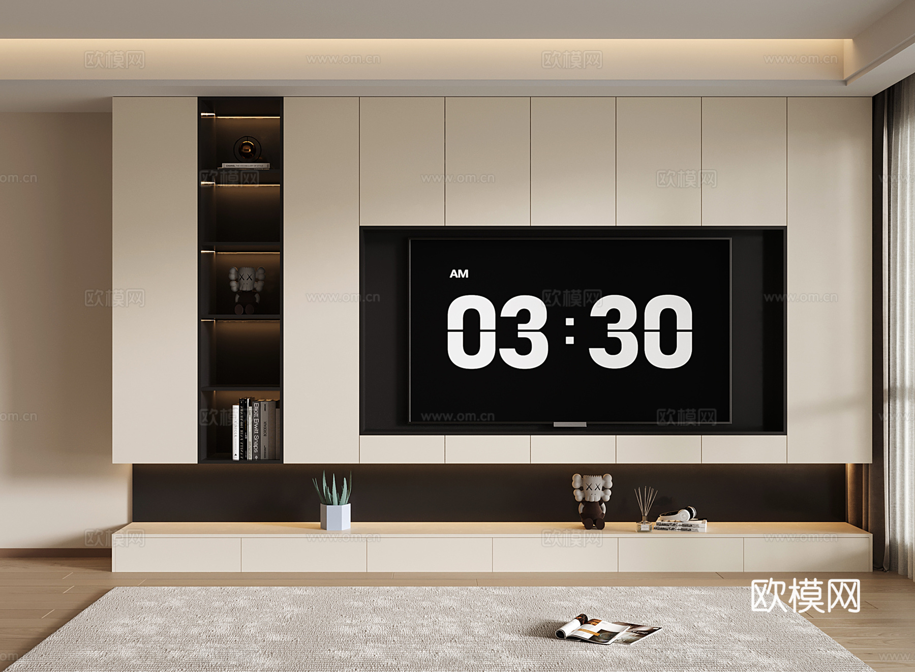 奶油风电视背景墙 电视背景柜 定制满墙电视柜 电视柜收纳储物su模型