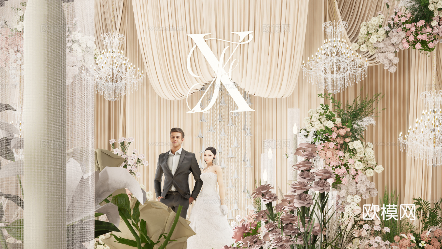 香槟粉布幔造型婚礼美陈花艺su模型