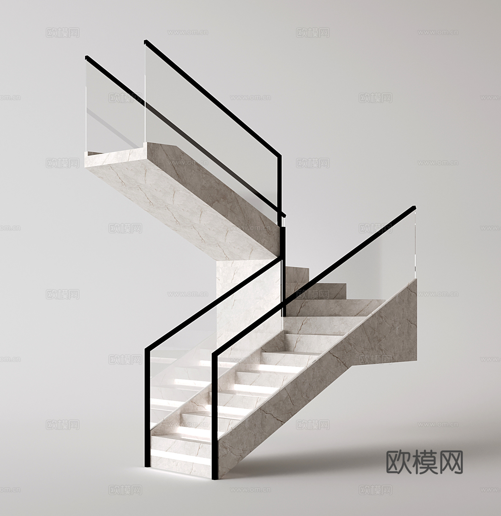 现代转折楼梯 剪刀楼梯 室内大理石楼梯 玻璃su模型