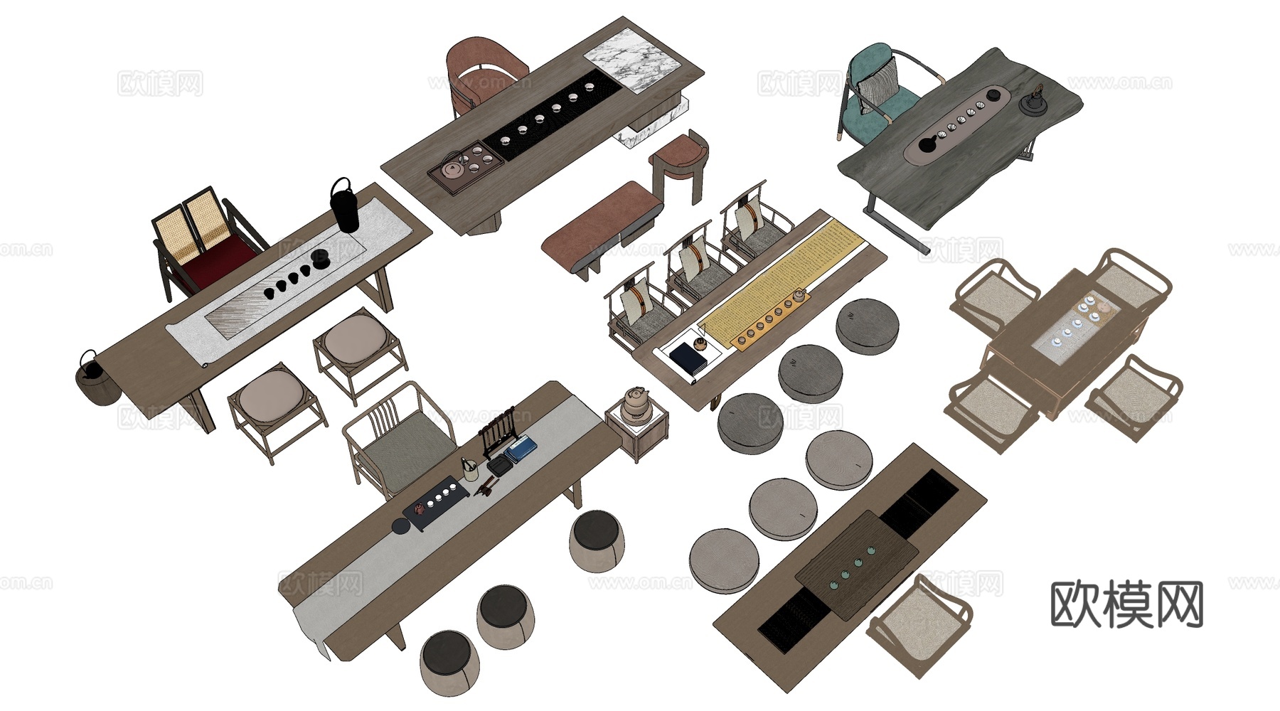中式茶桌椅 榻榻米茶桌 茶台桌椅su模型