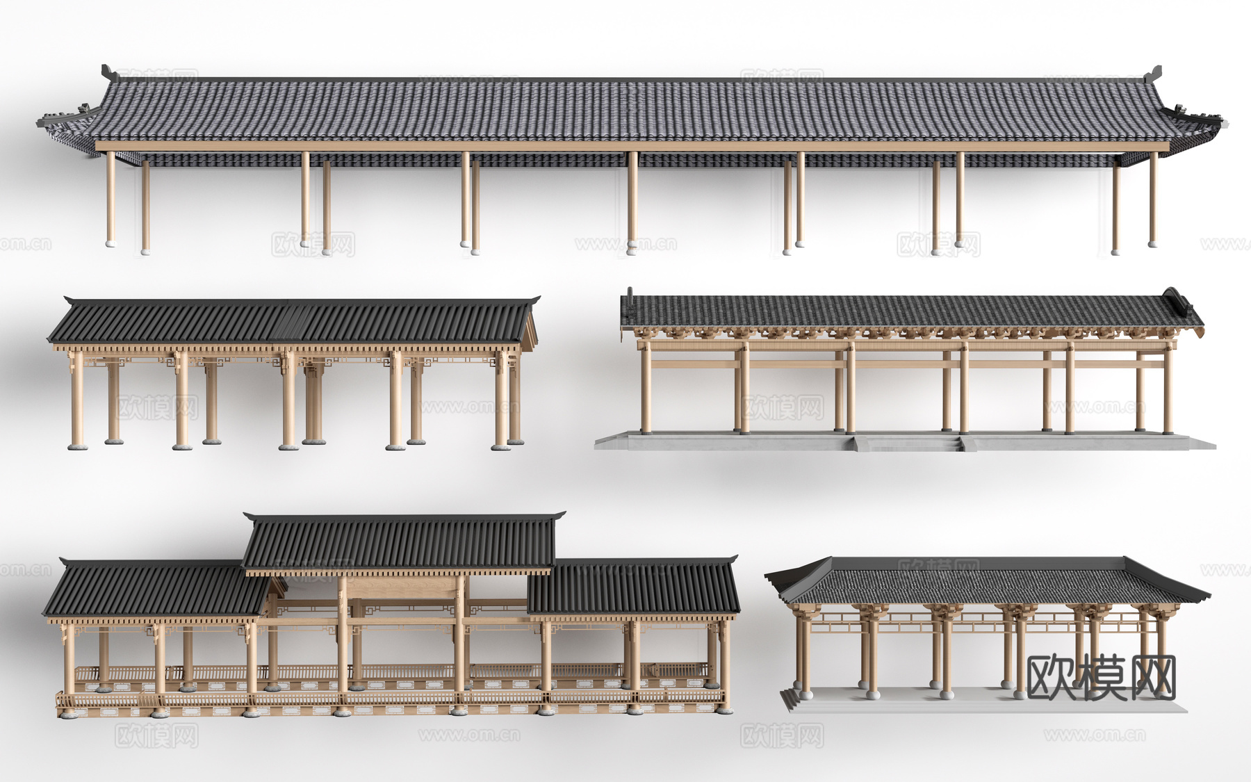 中式长廊 中式廊架 中式连廊su模型