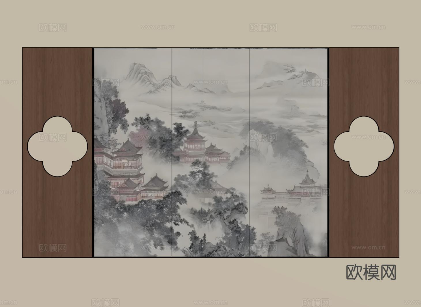 新中式沙发背景墙 楼阁故宫壁画背景墙 护墙板背景墙su模型