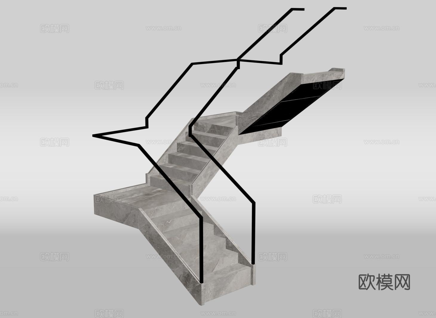 现代转折楼梯 剪刀楼梯 大理石楼梯 玻璃扶手 U形楼梯su模型