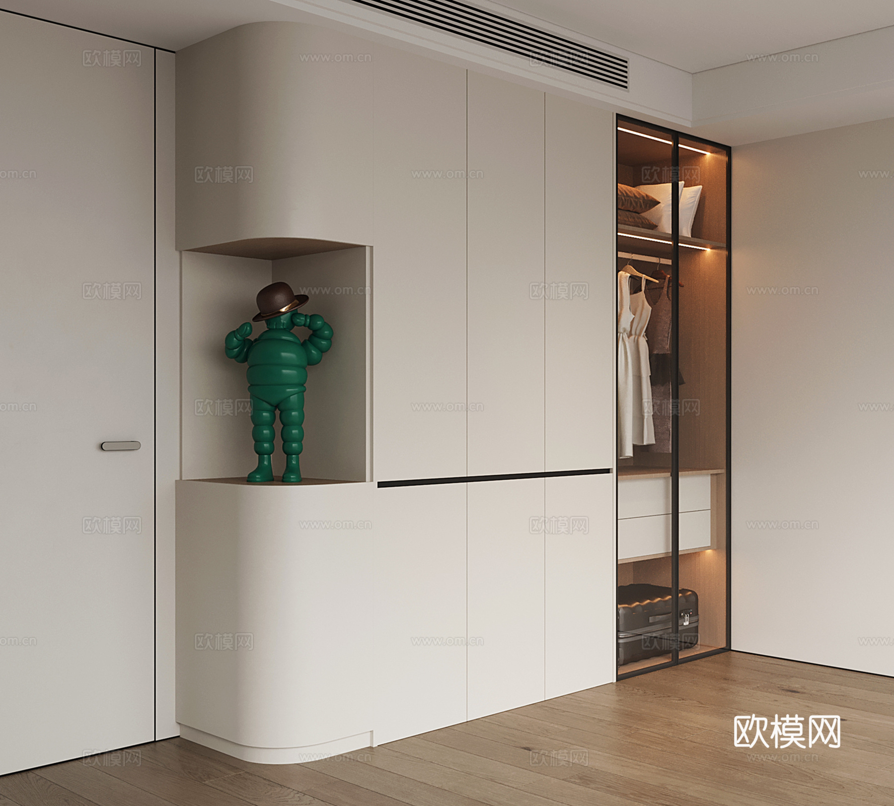 现代衣柜 平开门衣柜 圆弧开放格衣柜 玻璃门衣柜su模型