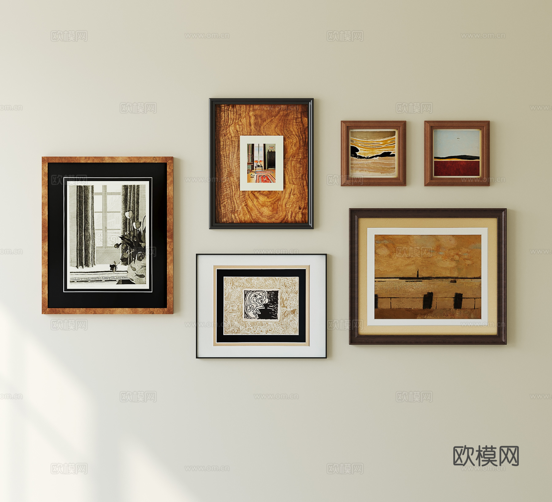 北欧中古挂画组合 复古挂画 照片墙su模型