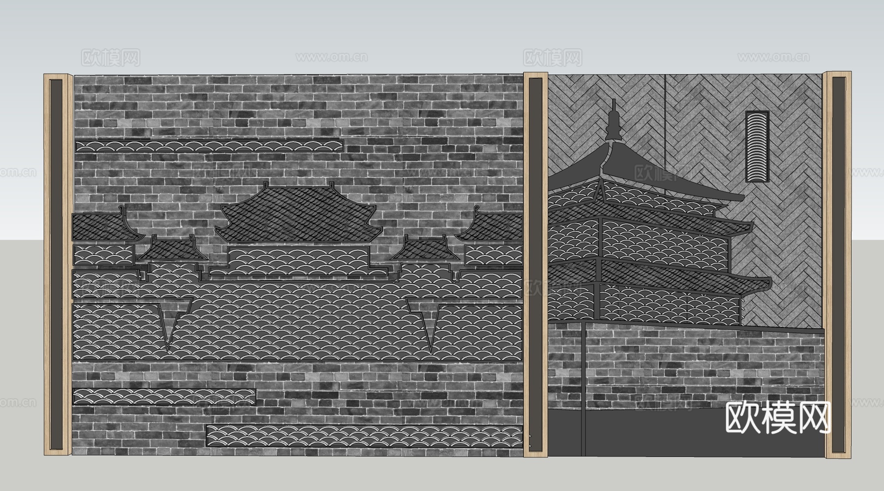 新中式瓦片景墙 中式背景墙 新中式形象墙 中式文化墙su模型