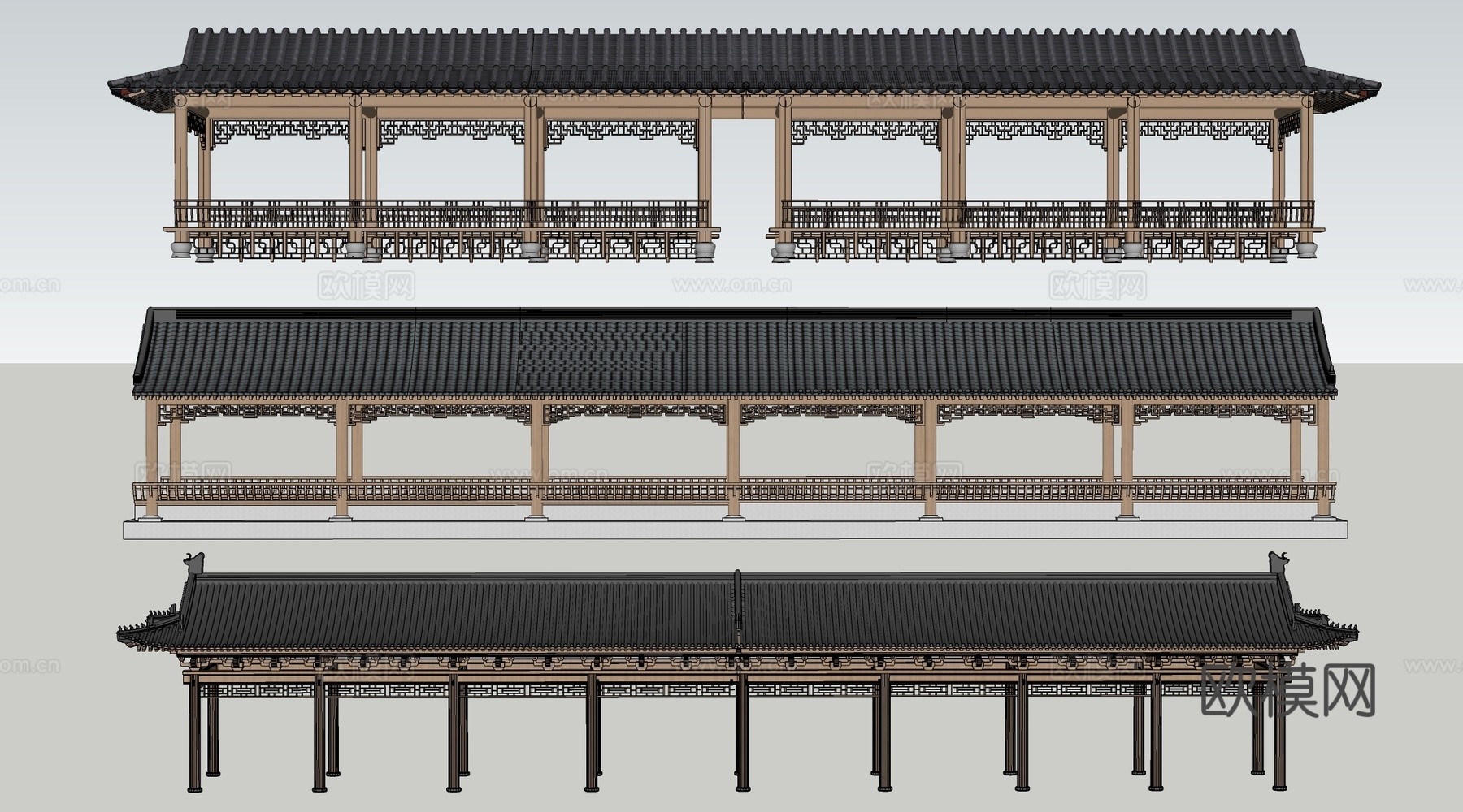 中式长廊 中式廊架 中式连廊su模型su模型