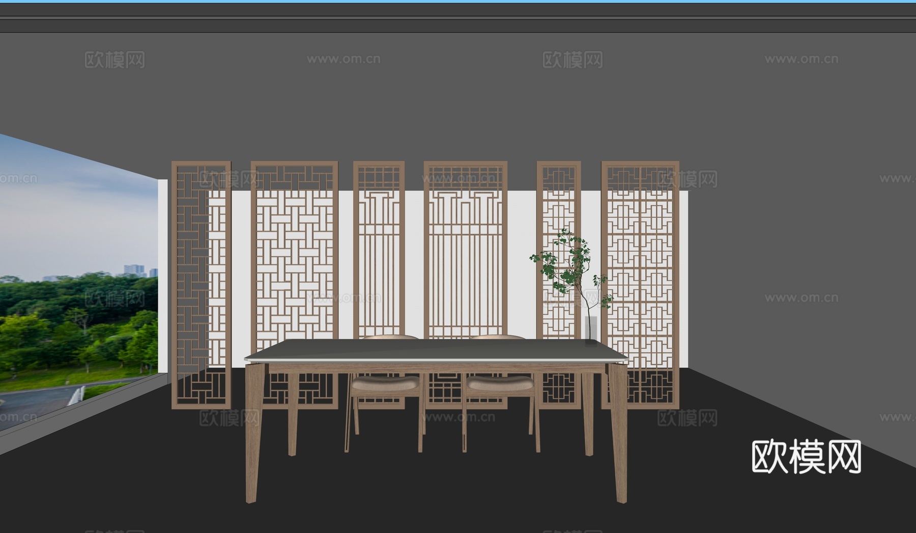 新中式屏风餐桌椅组合su模型