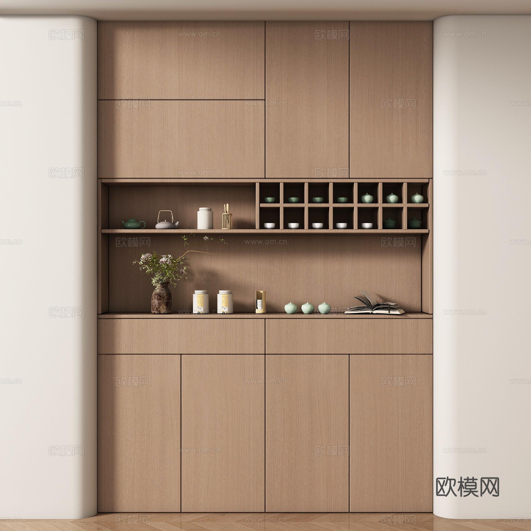 现代茶柜 储物柜 背景柜 书籍摆件组合 装饰柜su模型
