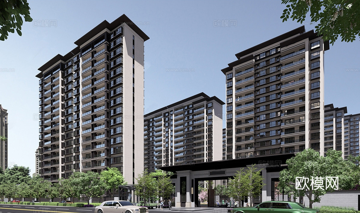 新中式高层住宅  小区住宅建筑 高端住宅楼su模型