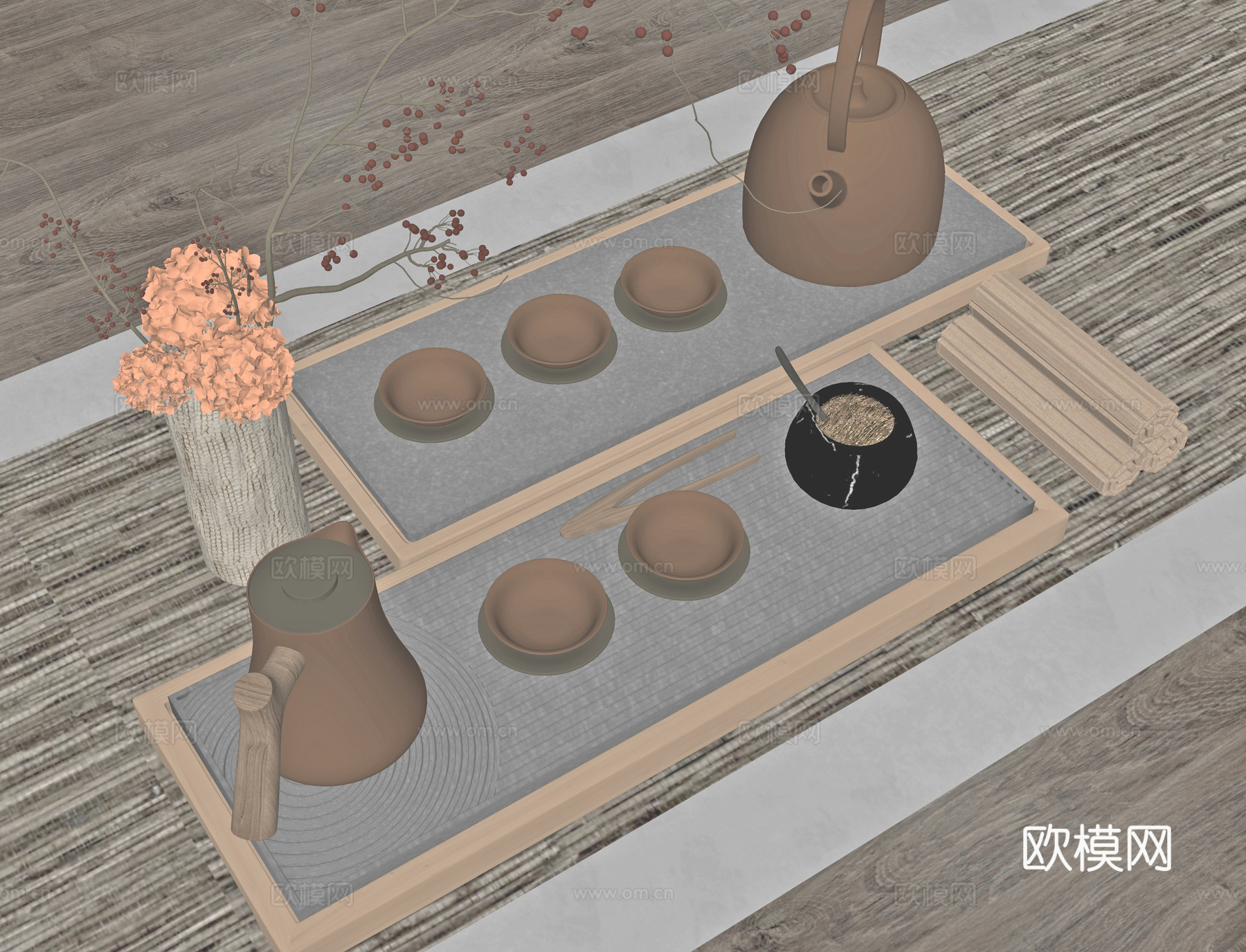 新中式茶具su模型