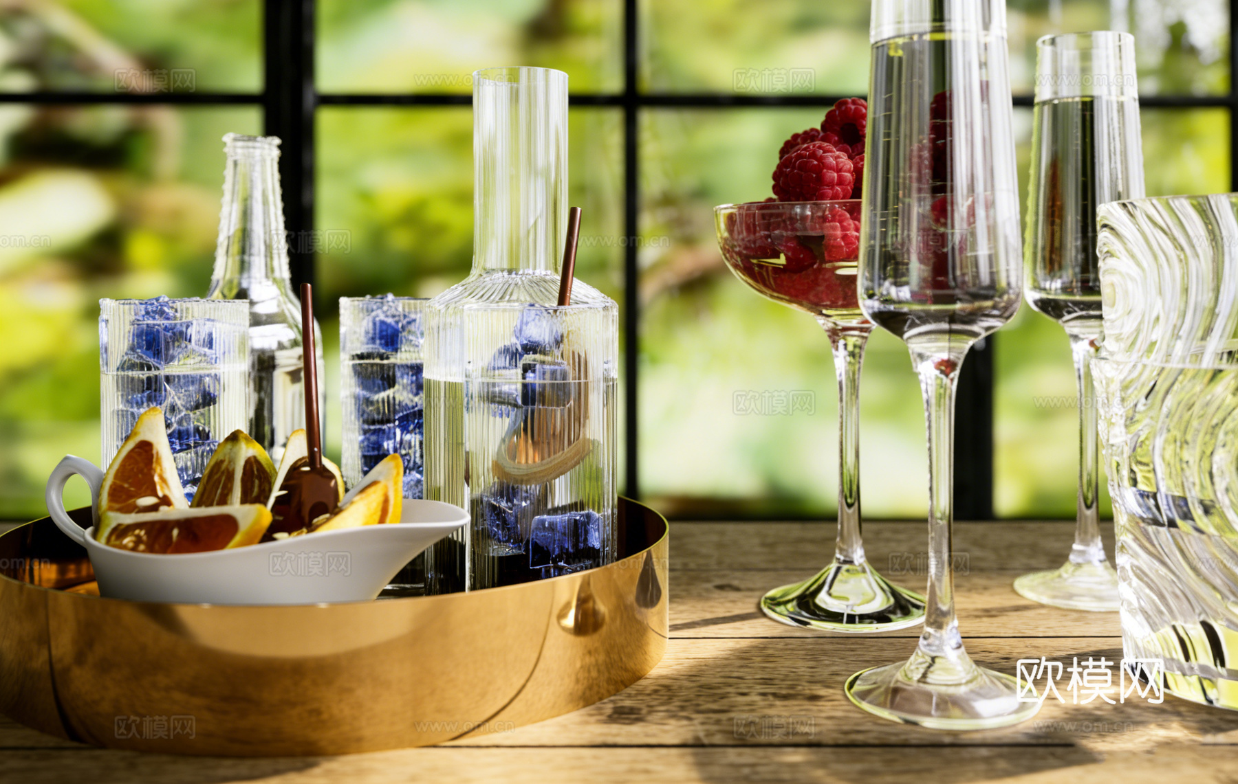 覆盆子蓝莓浆果 橙子柠檬水果切片 金色椭圆形托盘 金属甜品台su模型