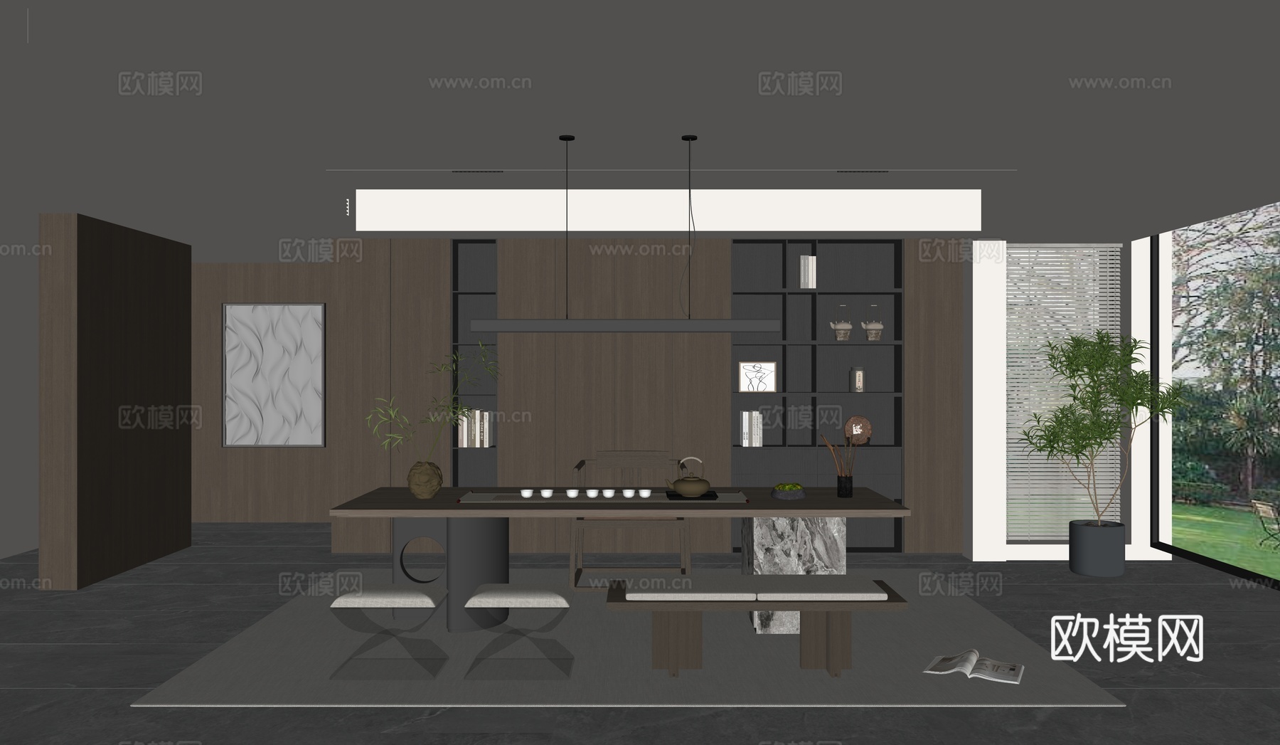 现代简约茶室_意式茶室_中式茶室_茶桌椅组合_茶室柜_植物盆su模型