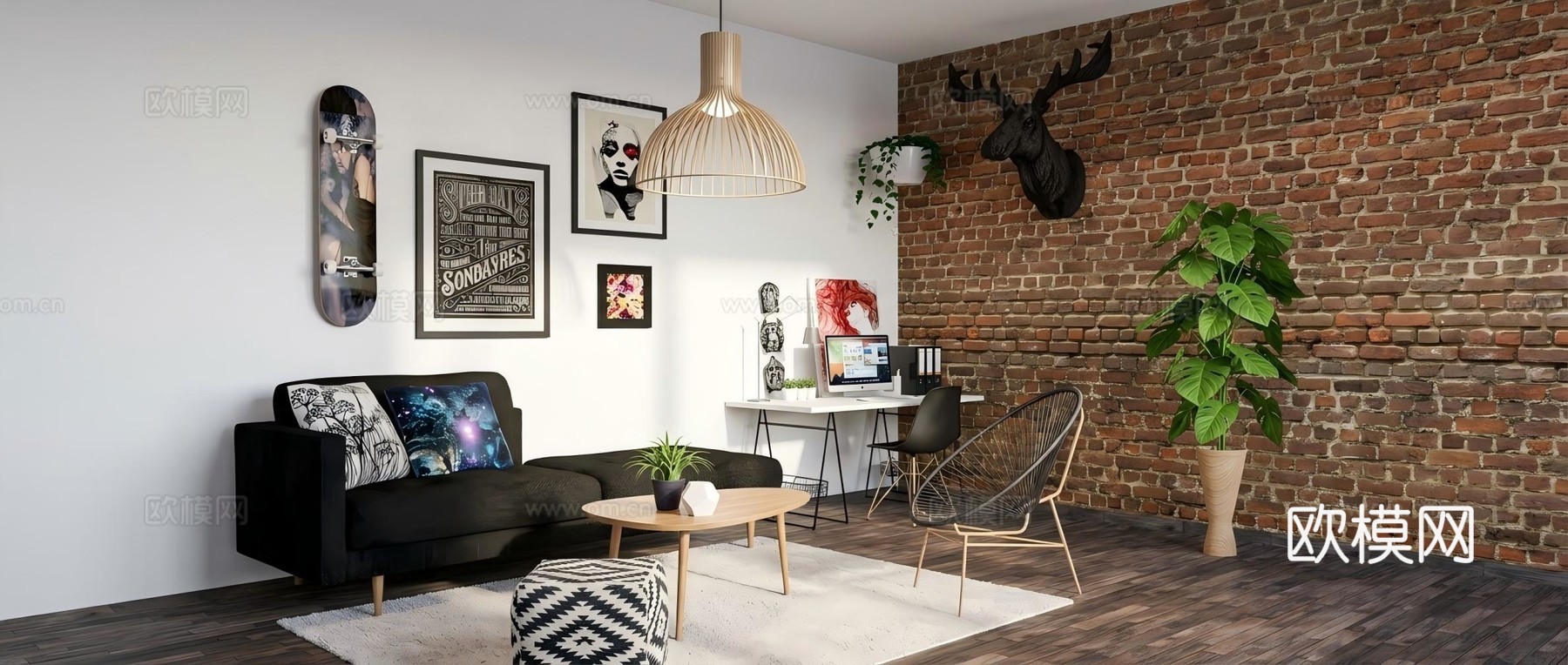 工业风混搭现代简约客厅su模型