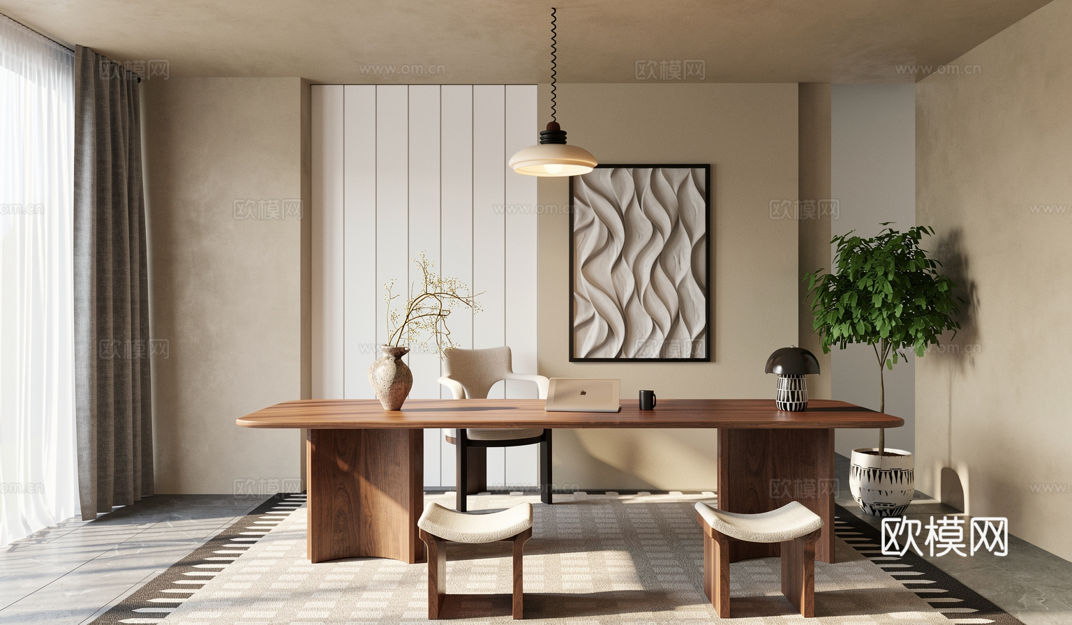 现代中古书桌椅  书房  办公室su模型su模型