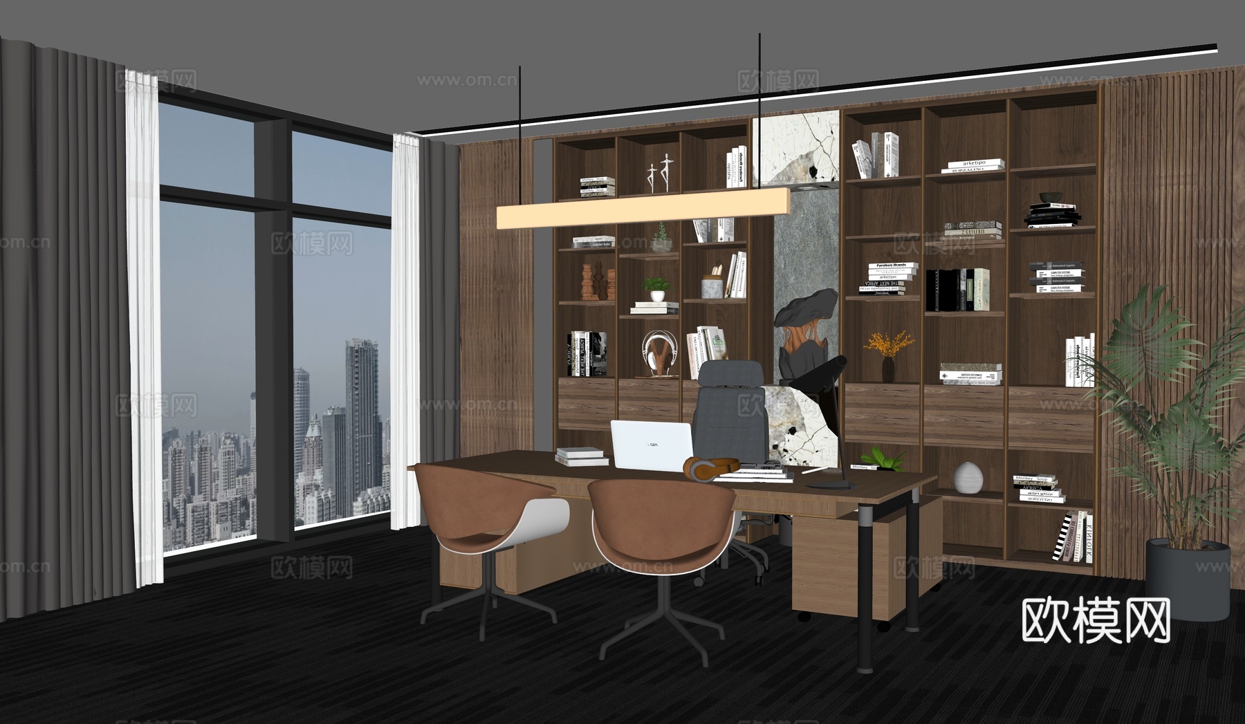 现代总经理办公室 书桌椅 书架  独立办公室su模型