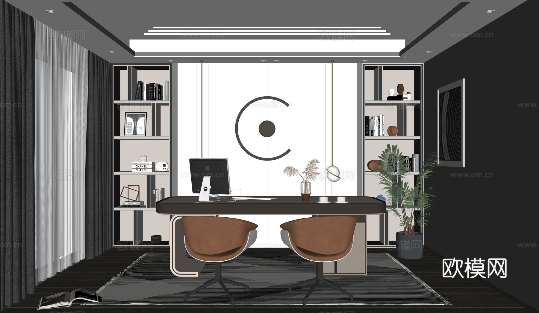现代书房 办公室 经理室 书桌 脚蹬 办公椅 电脑 书柜 台su模型