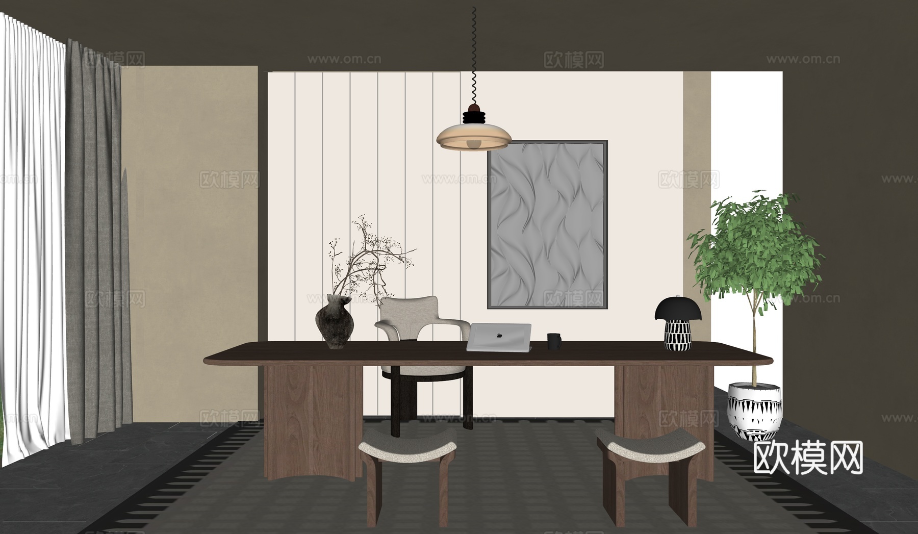 现代中古书桌椅  书房  办公室su模型su模型