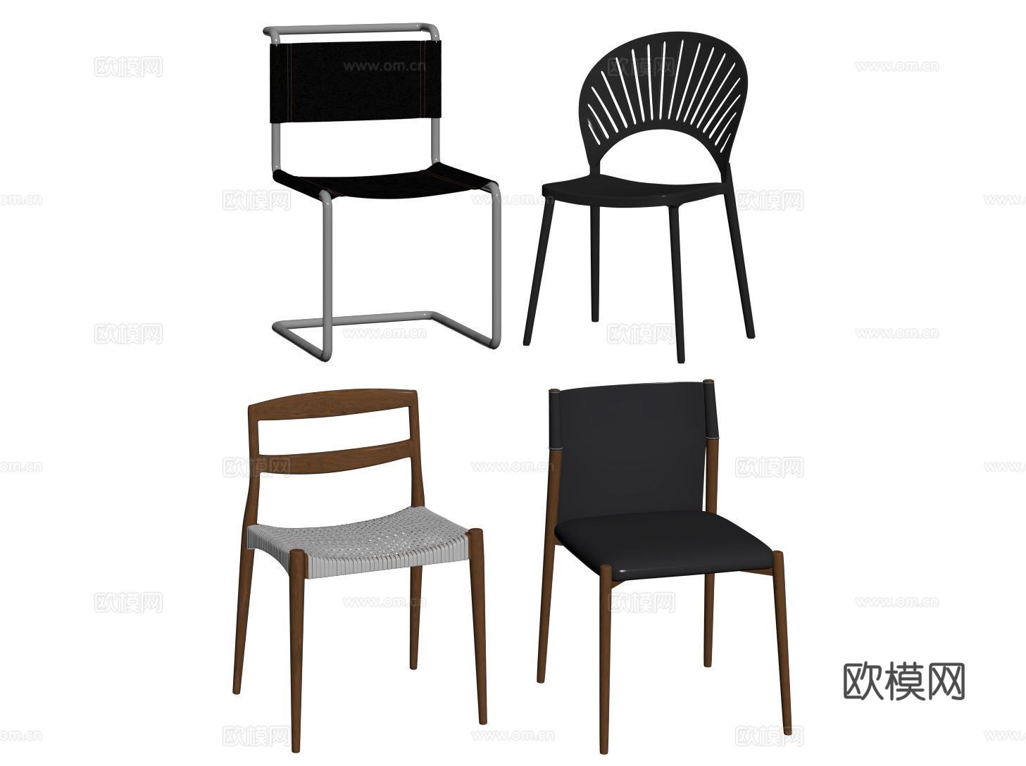 现代中古餐椅 不锈钢皮质单椅 写字椅 木质椅su模型