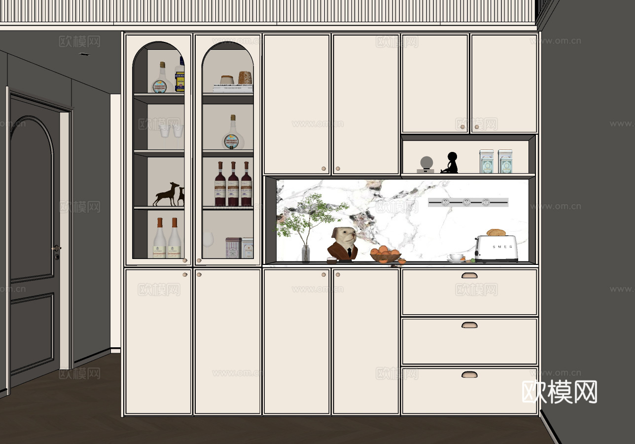 法式奶油风餐边柜 酒柜餐边柜 餐厅餐边柜 长虹玻璃门餐边柜su模型