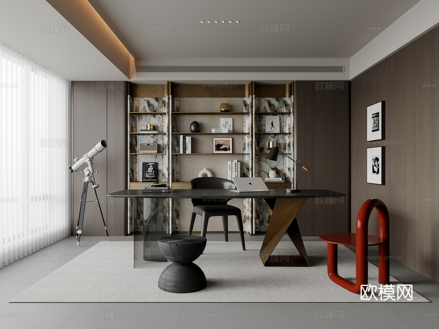 意式轻奢书房 书桌椅 书柜 装饰柜 饰品摆件su模型