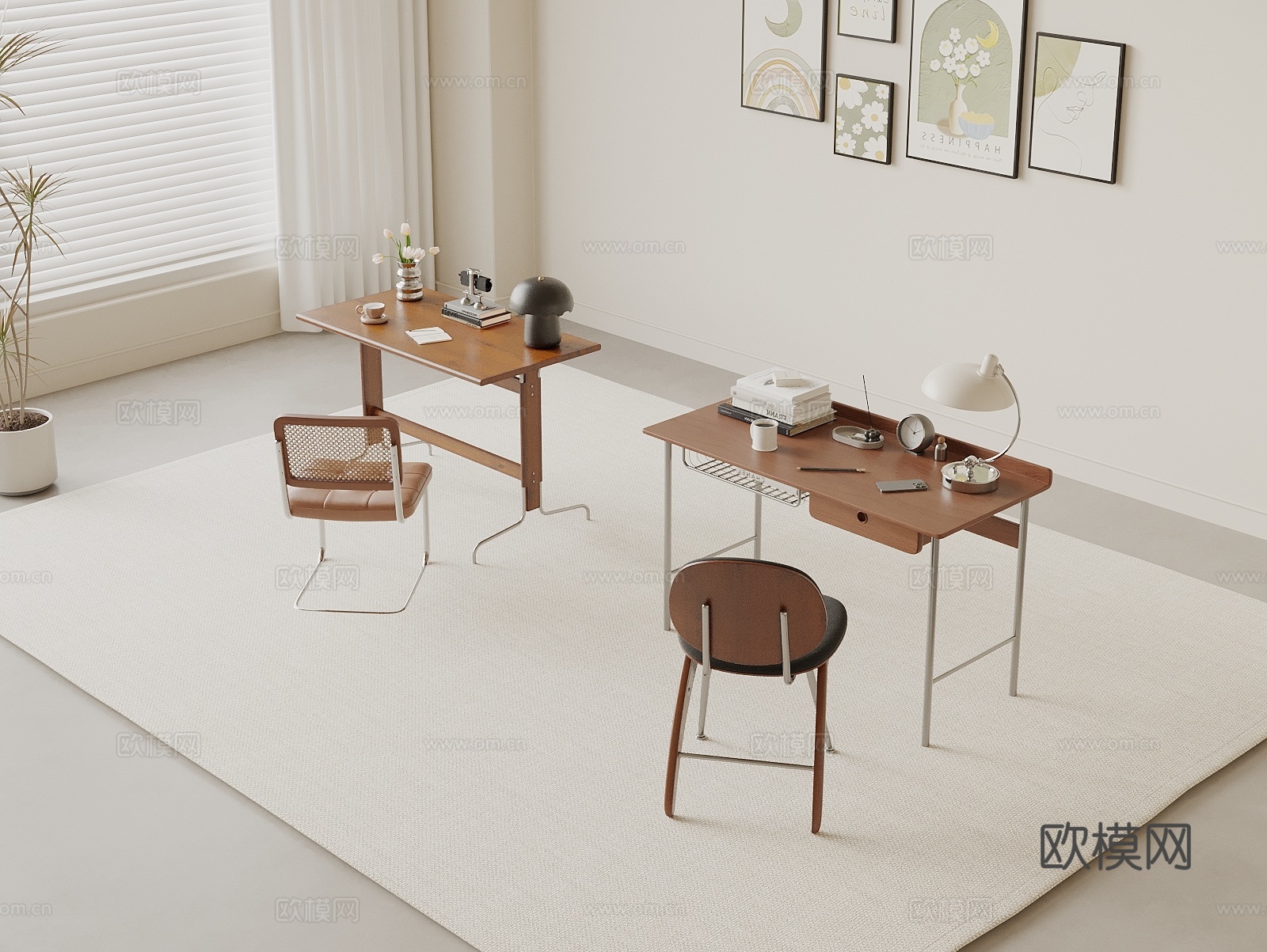 中古风书桌 侘寂风书桌 书桌椅组合 学习用品 写字桌3d模型