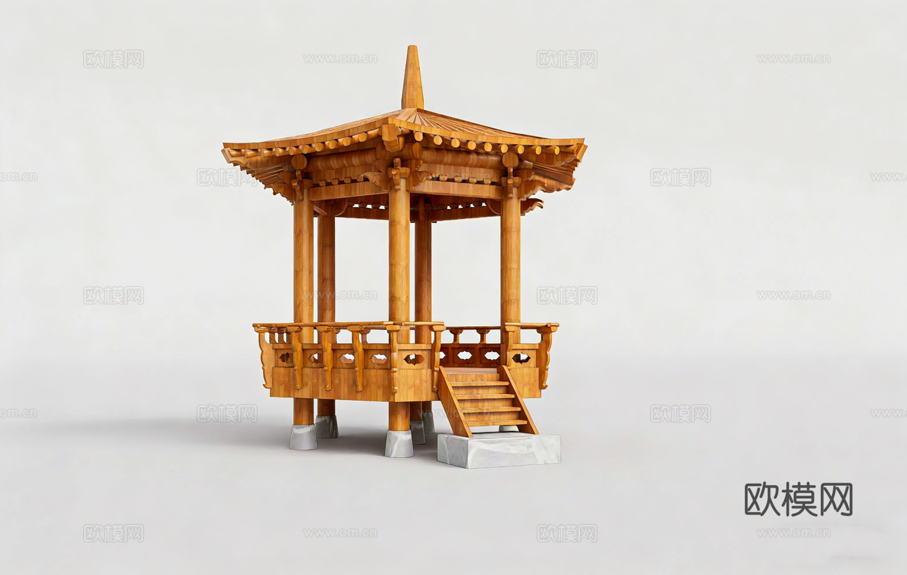 中式雕花围栏凉亭 传统木楼梯 屋顶瓦片 木柱 古建su模型