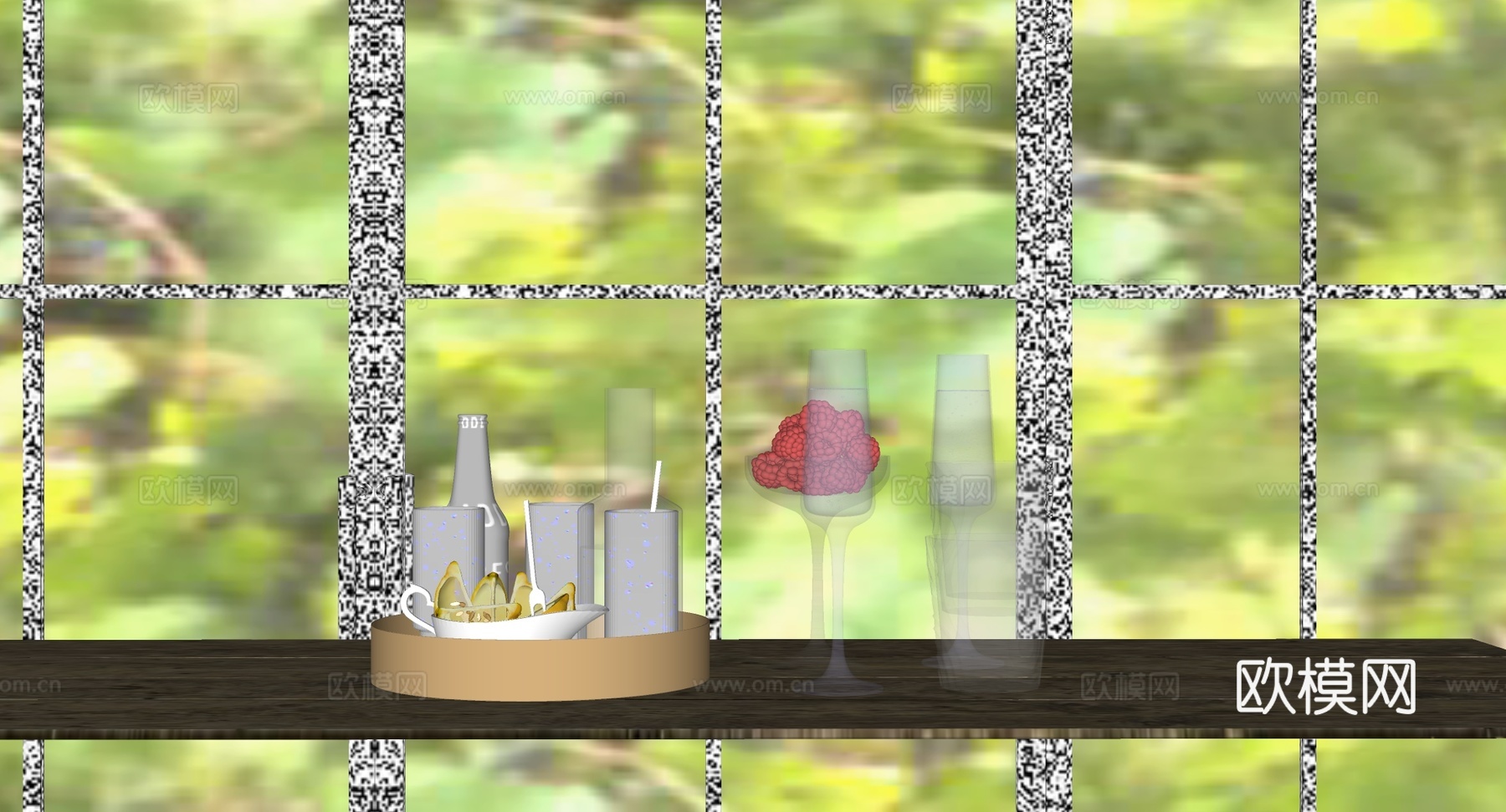 覆盆子蓝莓浆果 橙子柠檬水果切片 金色椭圆形托盘 金属甜品台su模型