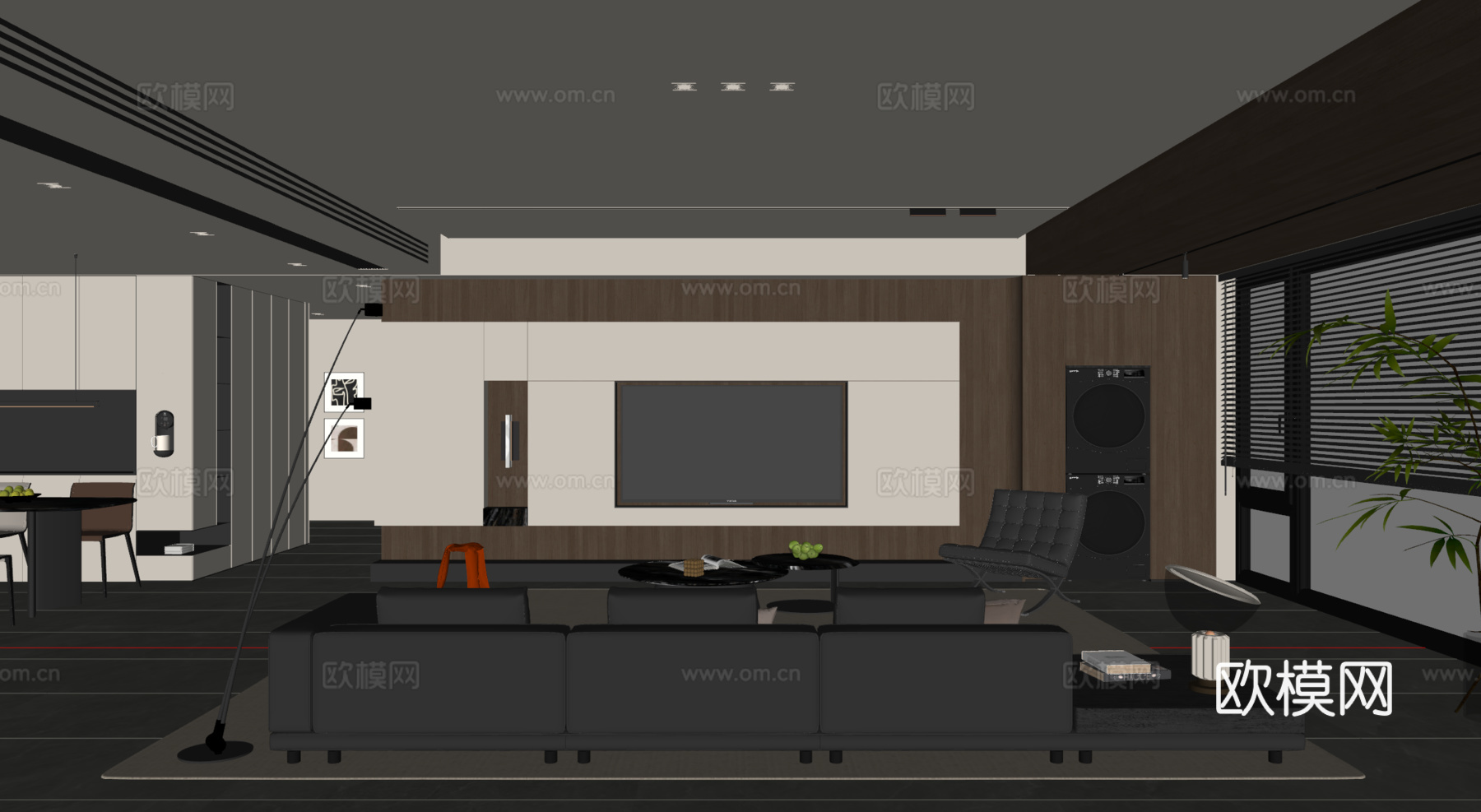 现代意式客厅 沙发茶几 电视背景墙 多人沙发 休闲椅 地毯su模型