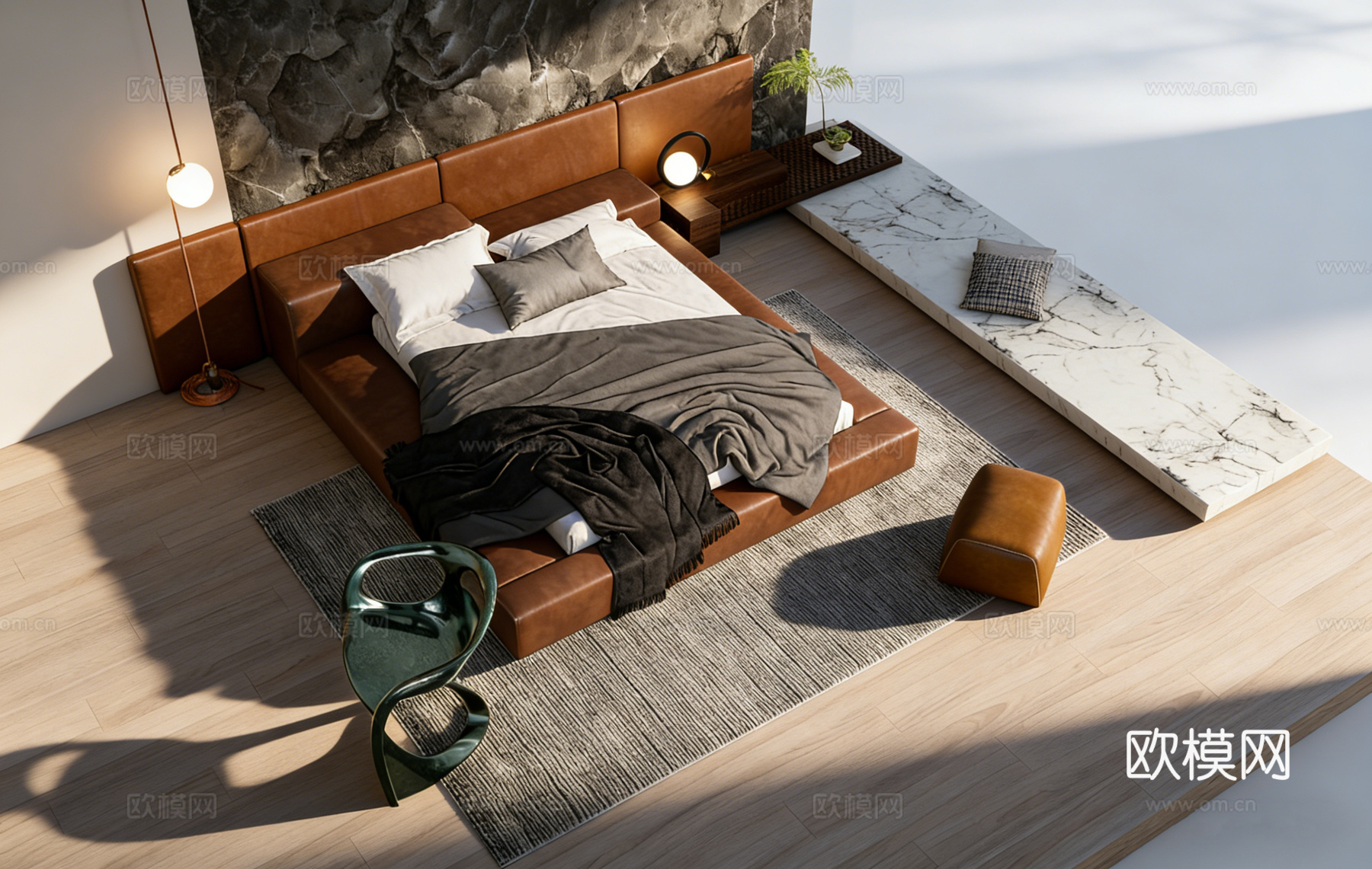 现代简约棕色真皮双人床 球形灯罩落地灯 针织流苏盖毯 床尾毯su模型