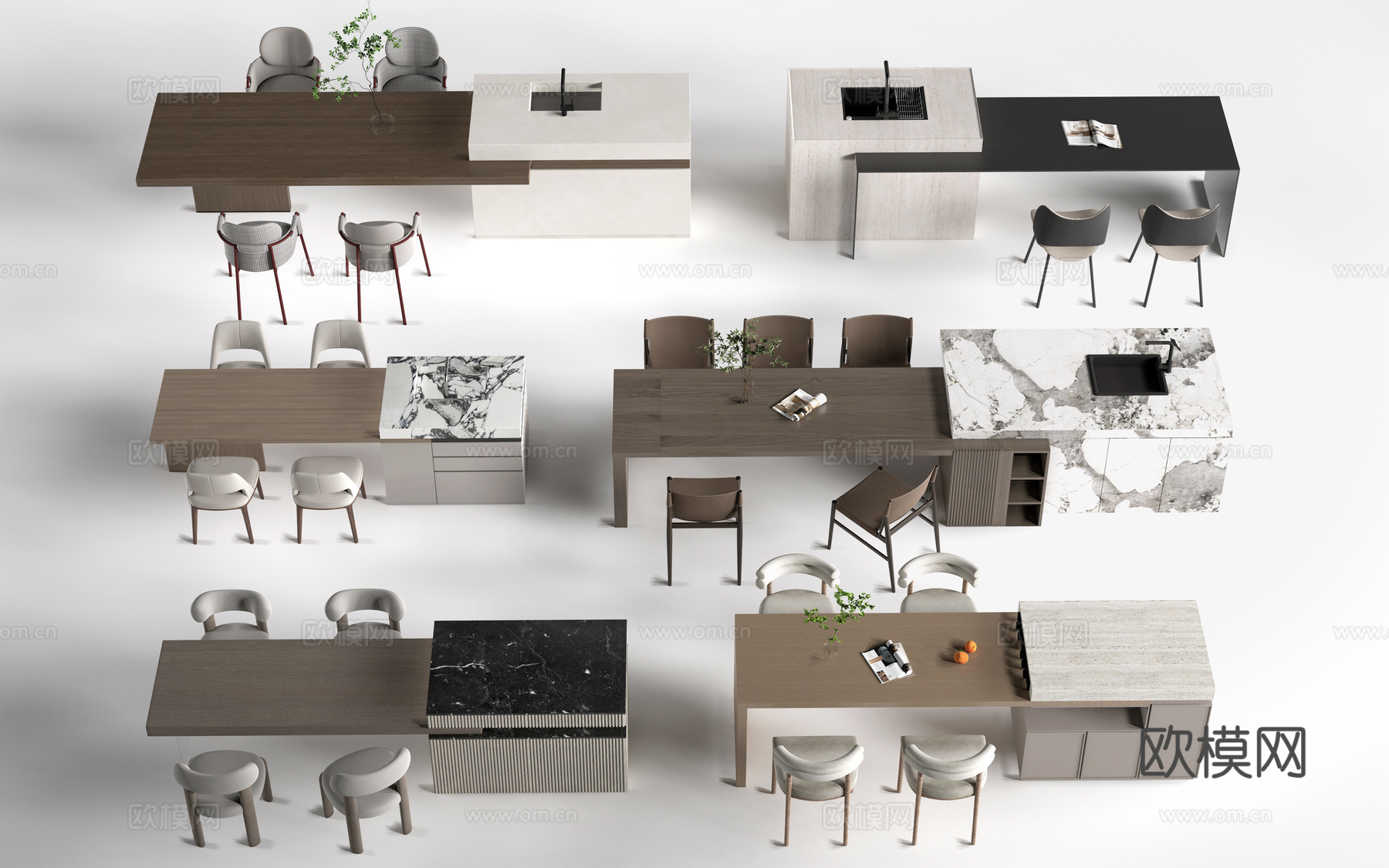 现代岛台桌椅 餐桌椅 餐厅岛台su模型