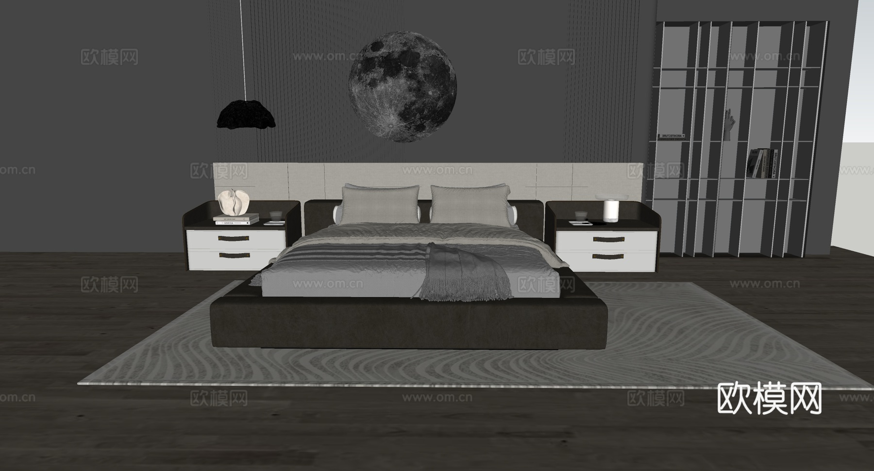 现代简约深色系卧室 皮质床 月球画黑白柜 流苏毯 圆形月球装su模型