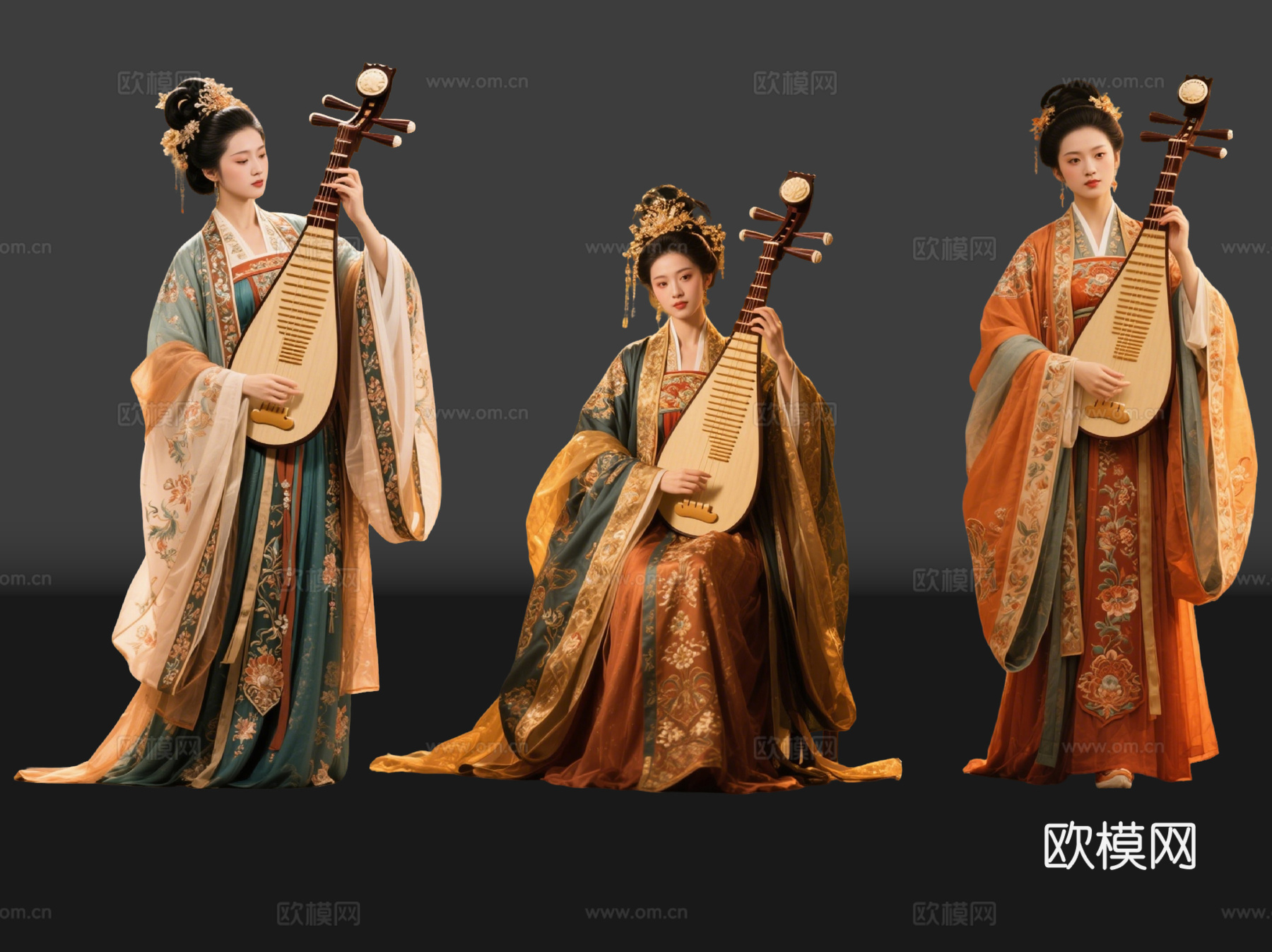 2D古装女子 宫廷乐师 古装乐师 古装抚琴 影视剧角色 古装su模型