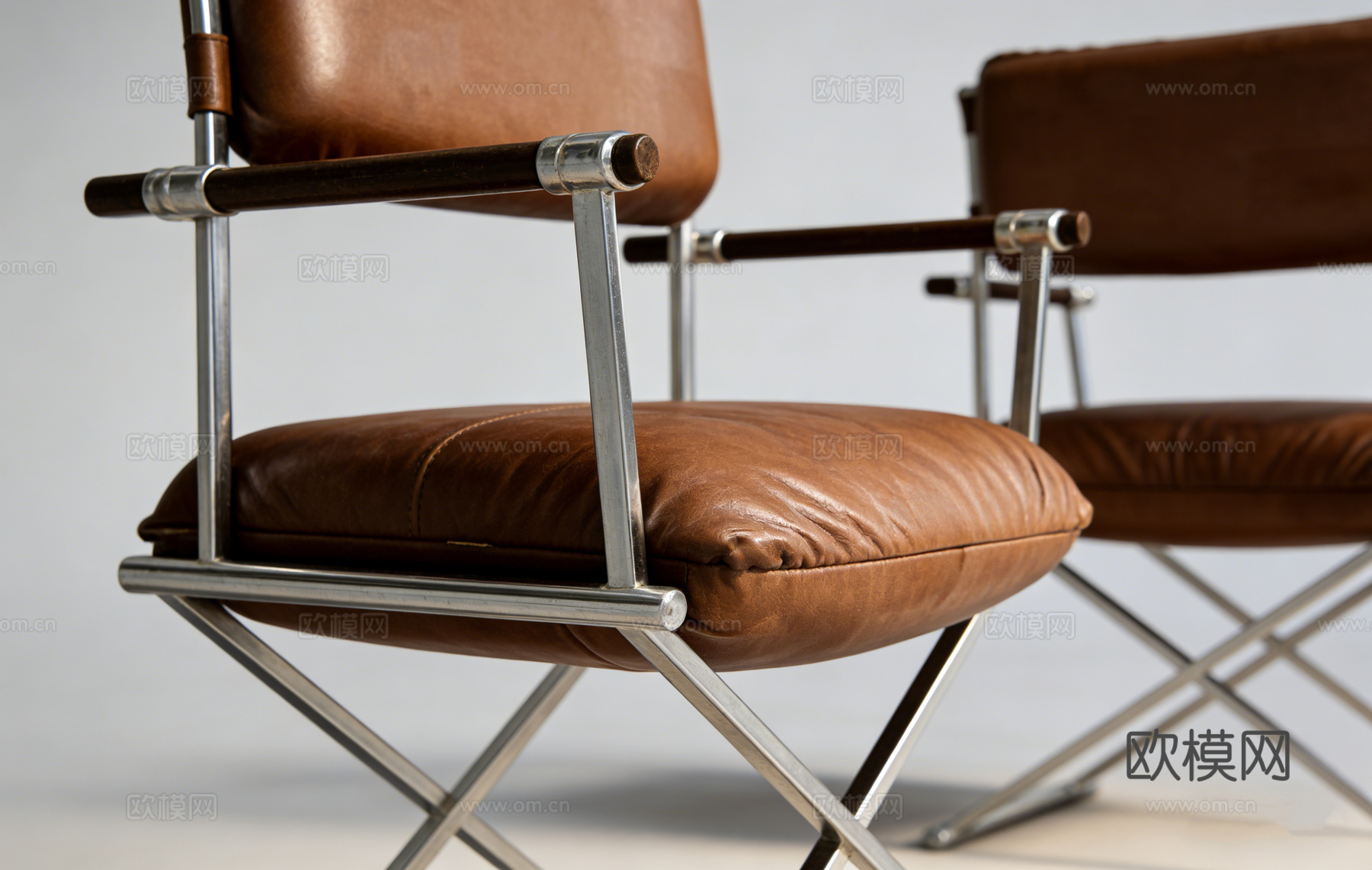 意式棕色皮革扶手椅 金属交叉腿 木质扶手 客厅书房  金属框su模型