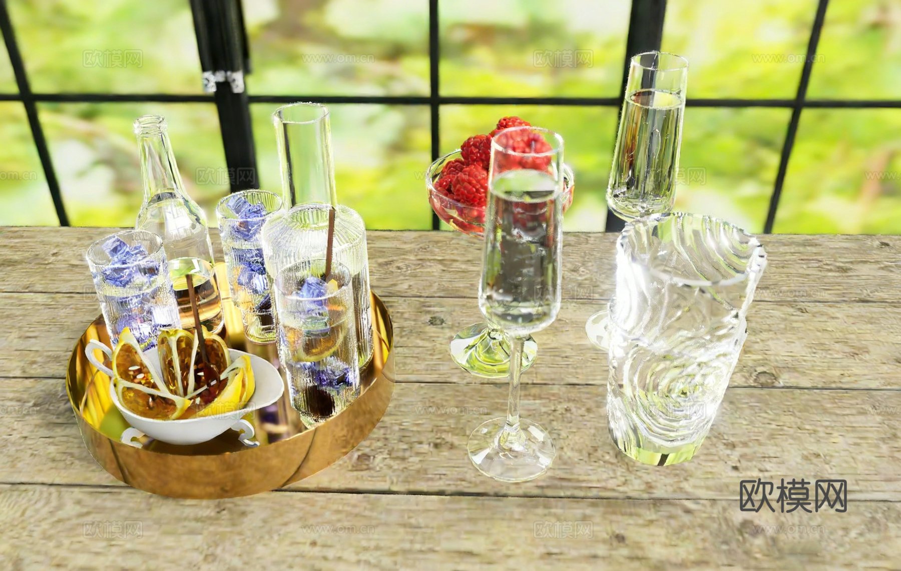 覆盆子蓝莓浆果 橙子柠檬水果切片 金色椭圆形托盘 金属甜品台su模型