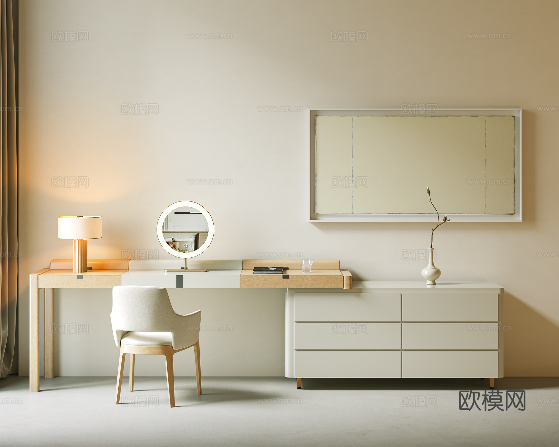 现代 梳妆台 奶油梳妆台 妆凳 化妆品组合 单椅 简略装饰画su模型