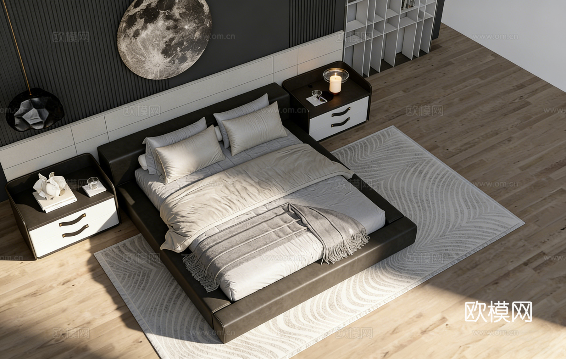 现代简约深色系卧室 皮质床 月球画黑白柜 流苏毯 圆形月球装su模型