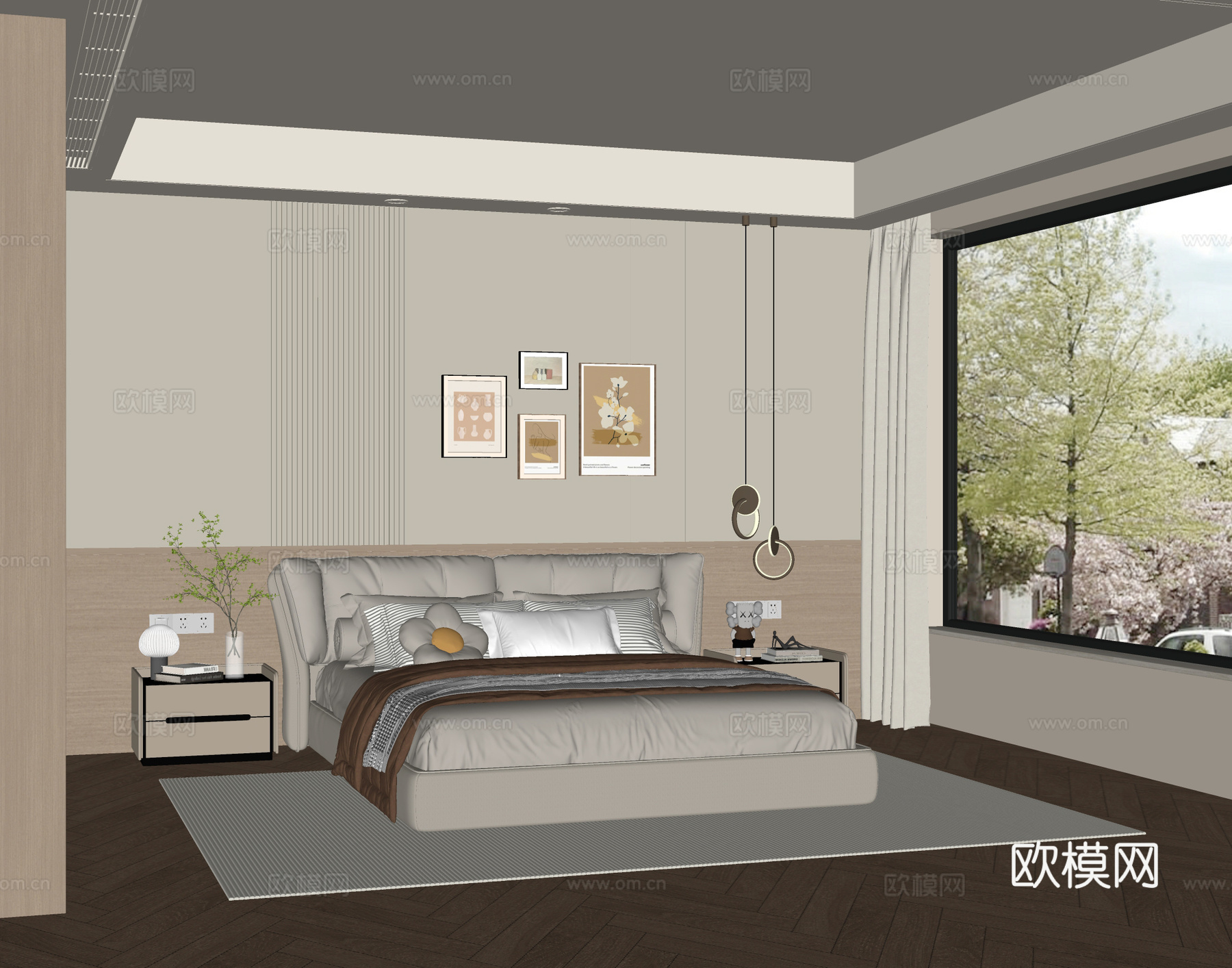 现代奶油风卧室 奶油风双人床 布艺双人床su模型