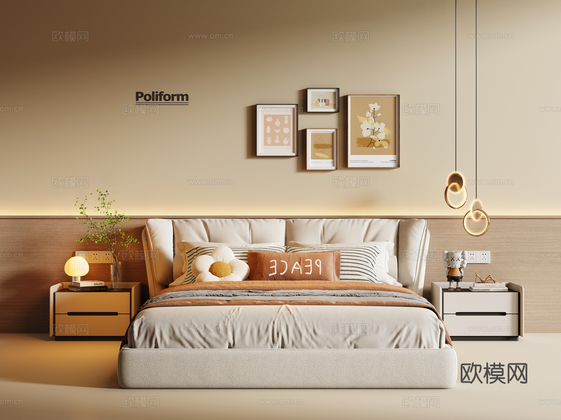 现代奶油风卧室 奶油风双人床 布艺双人床su模型