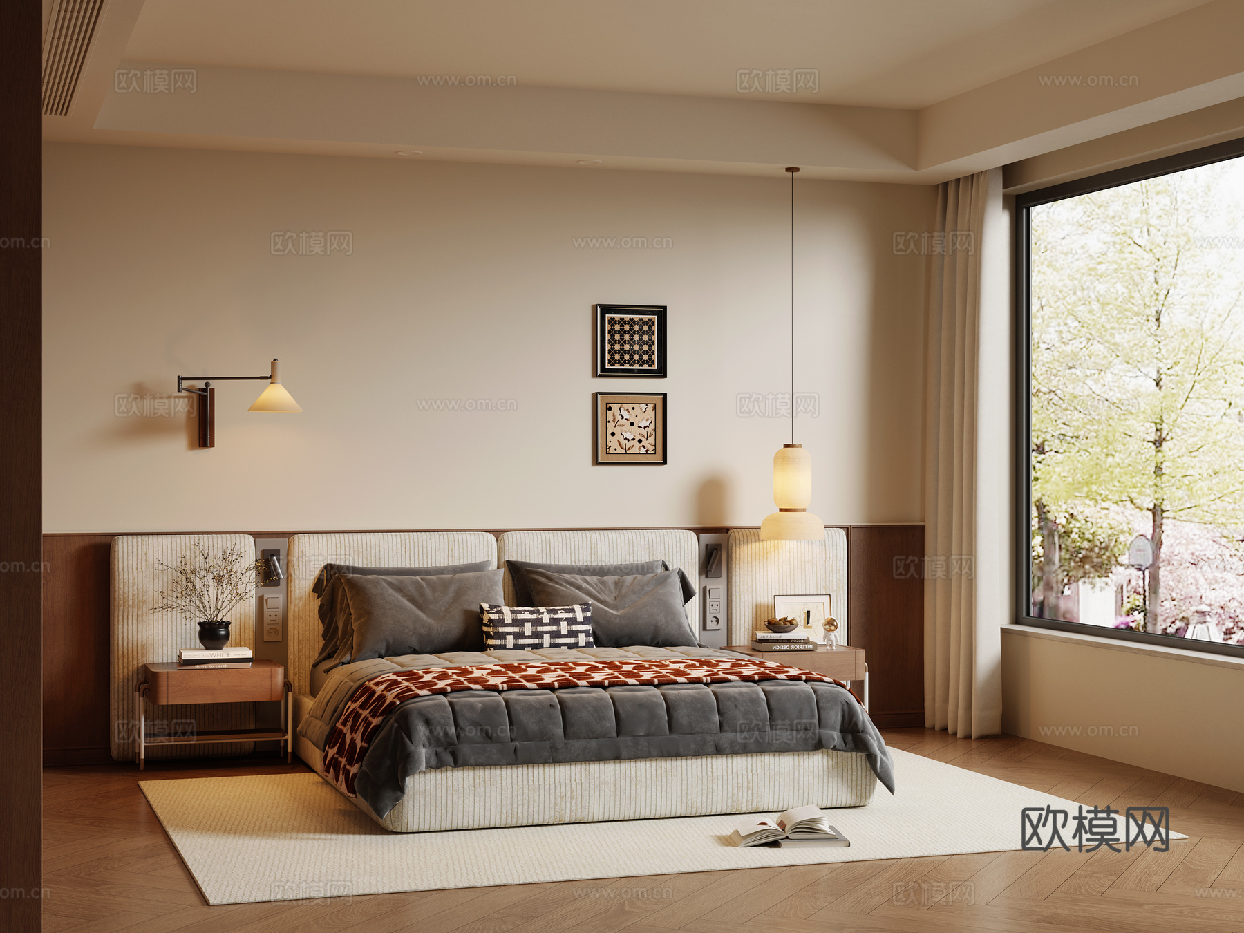 现代奶油风卧室 奶油风双人床 布艺双人床su模型su模型