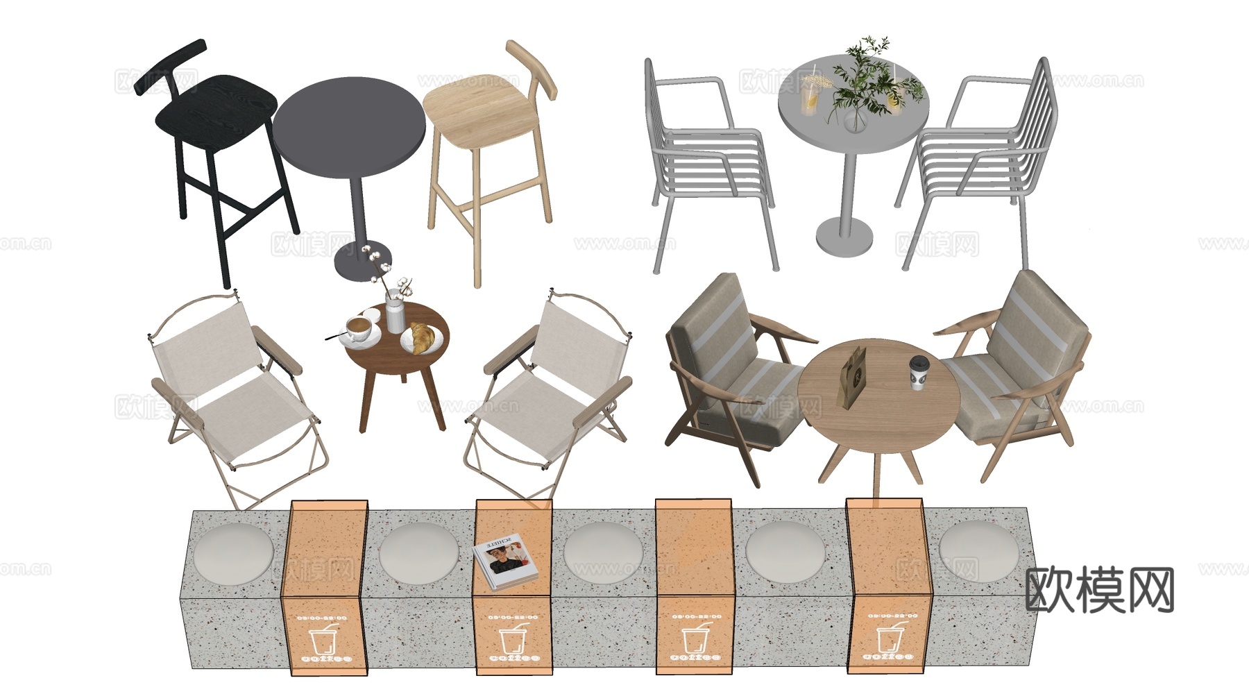现代奶茶店桌椅 咖啡厅桌椅 餐厅桌椅su模型