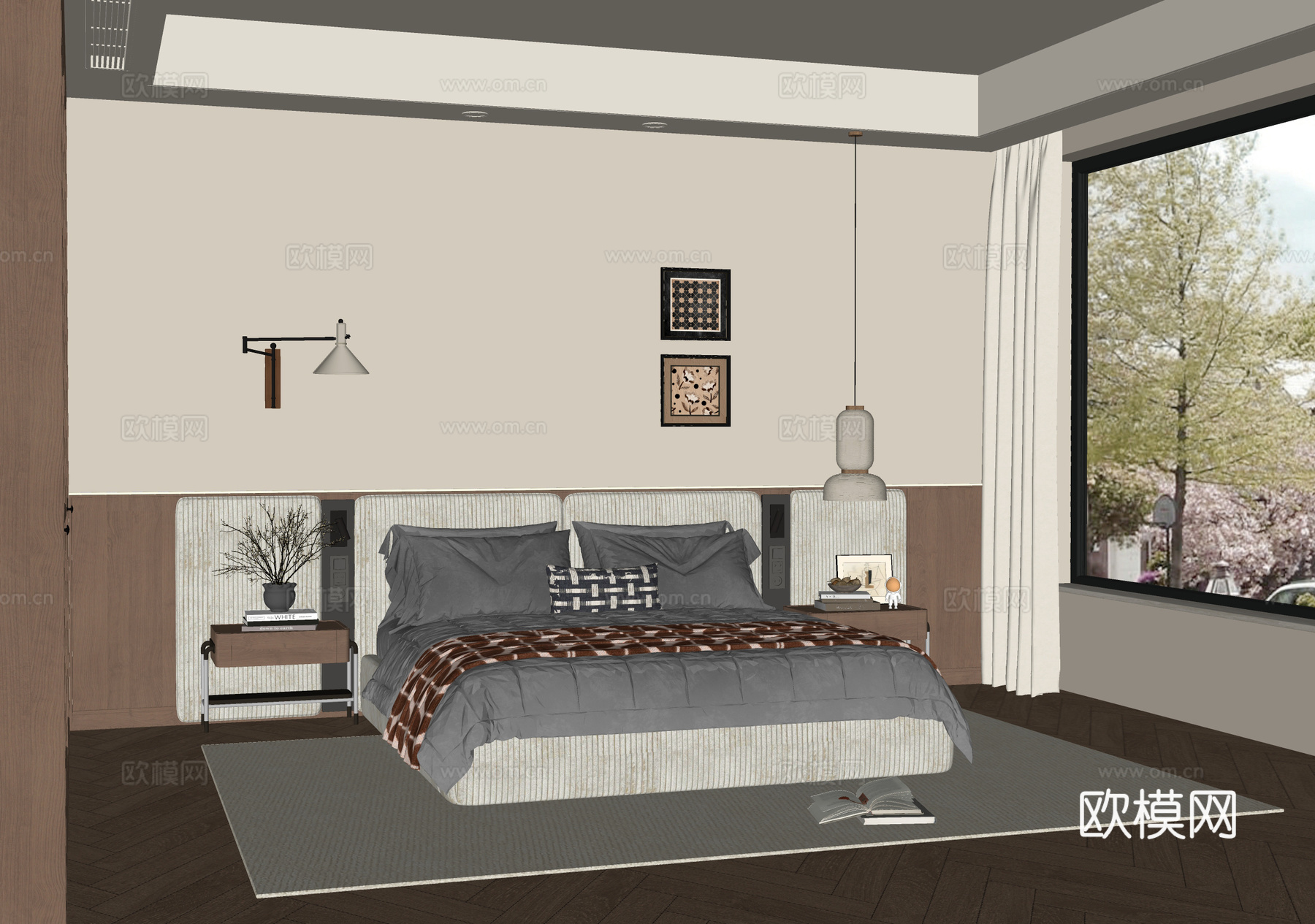 现代奶油风卧室 奶油风双人床 布艺双人床su模型su模型