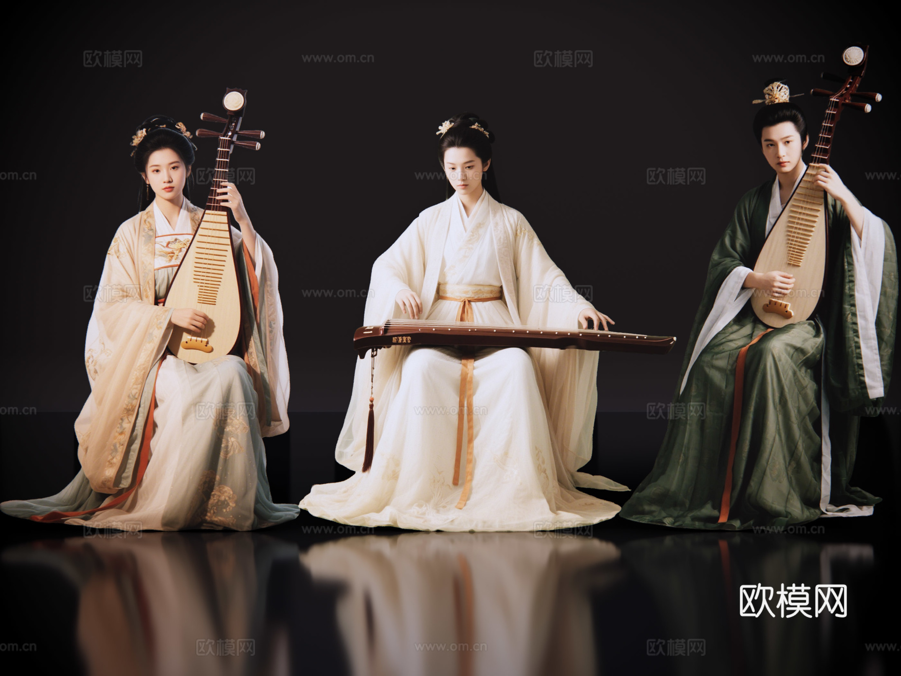 2D古装女子 宫廷乐师 古装乐师 古装抚琴 影视剧角色 古装su模型