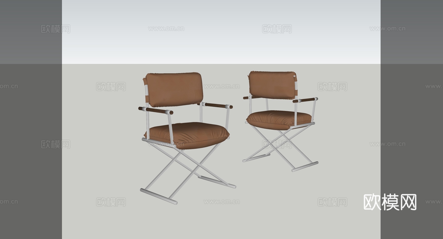 意式棕色皮革扶手椅 金属交叉腿 木质扶手 客厅书房  金属框su模型