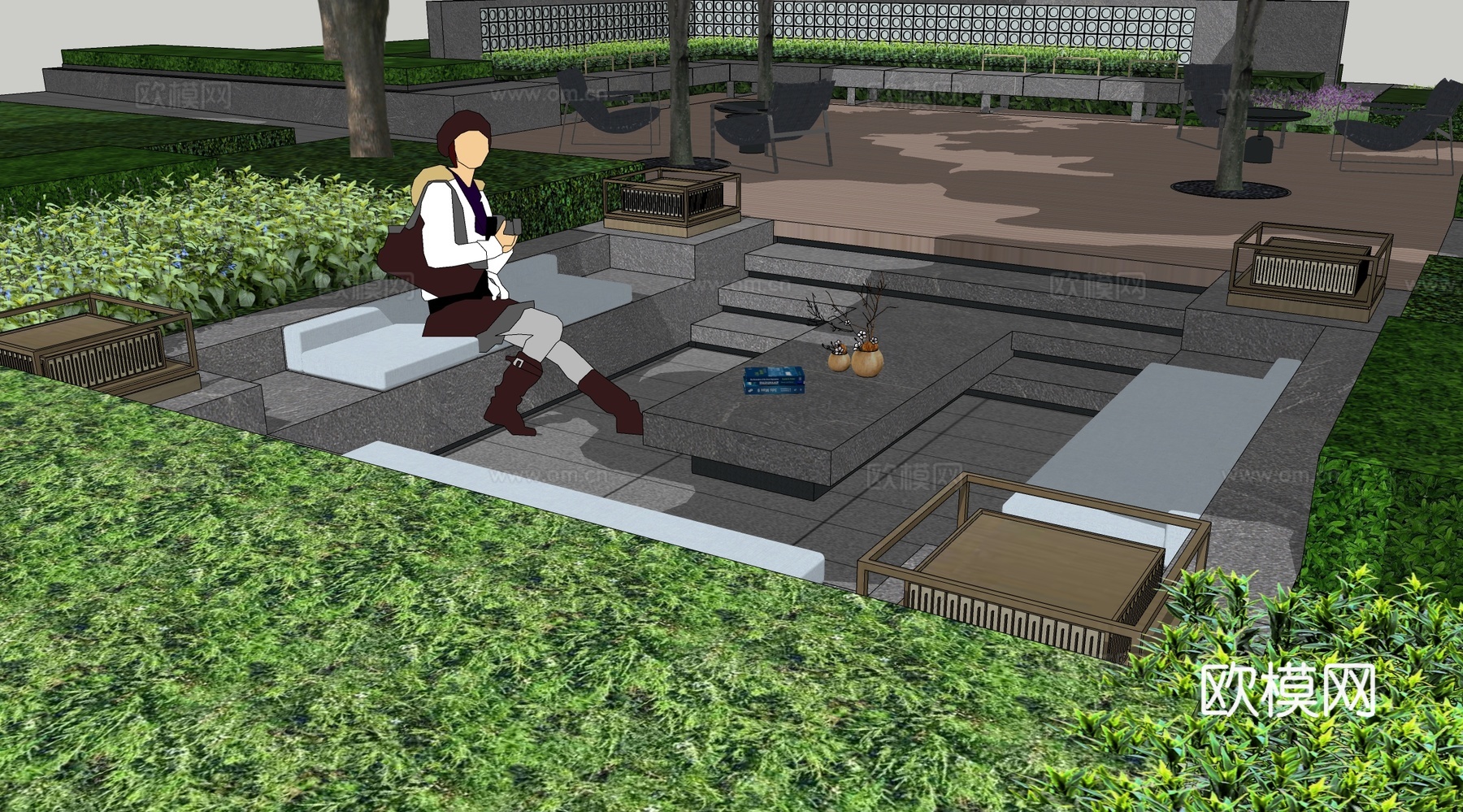 现代下沉花园 庭院景观 花园景观su模型