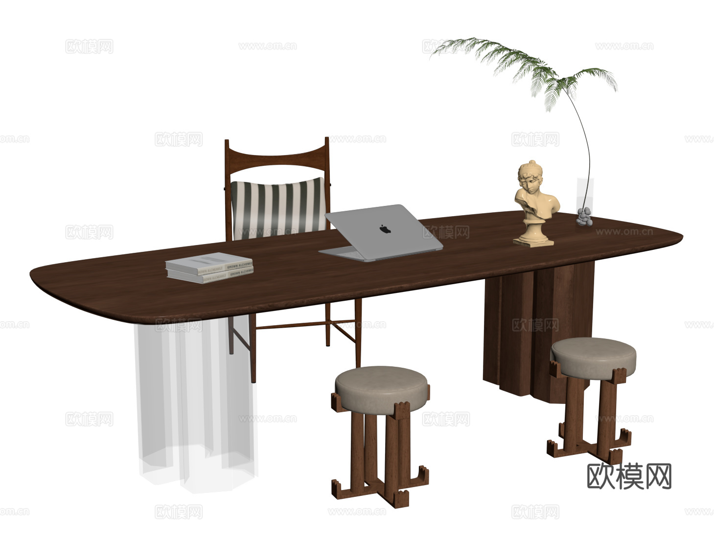 法式复古书桌椅 长方形实木书桌 单椅 凳子su模型